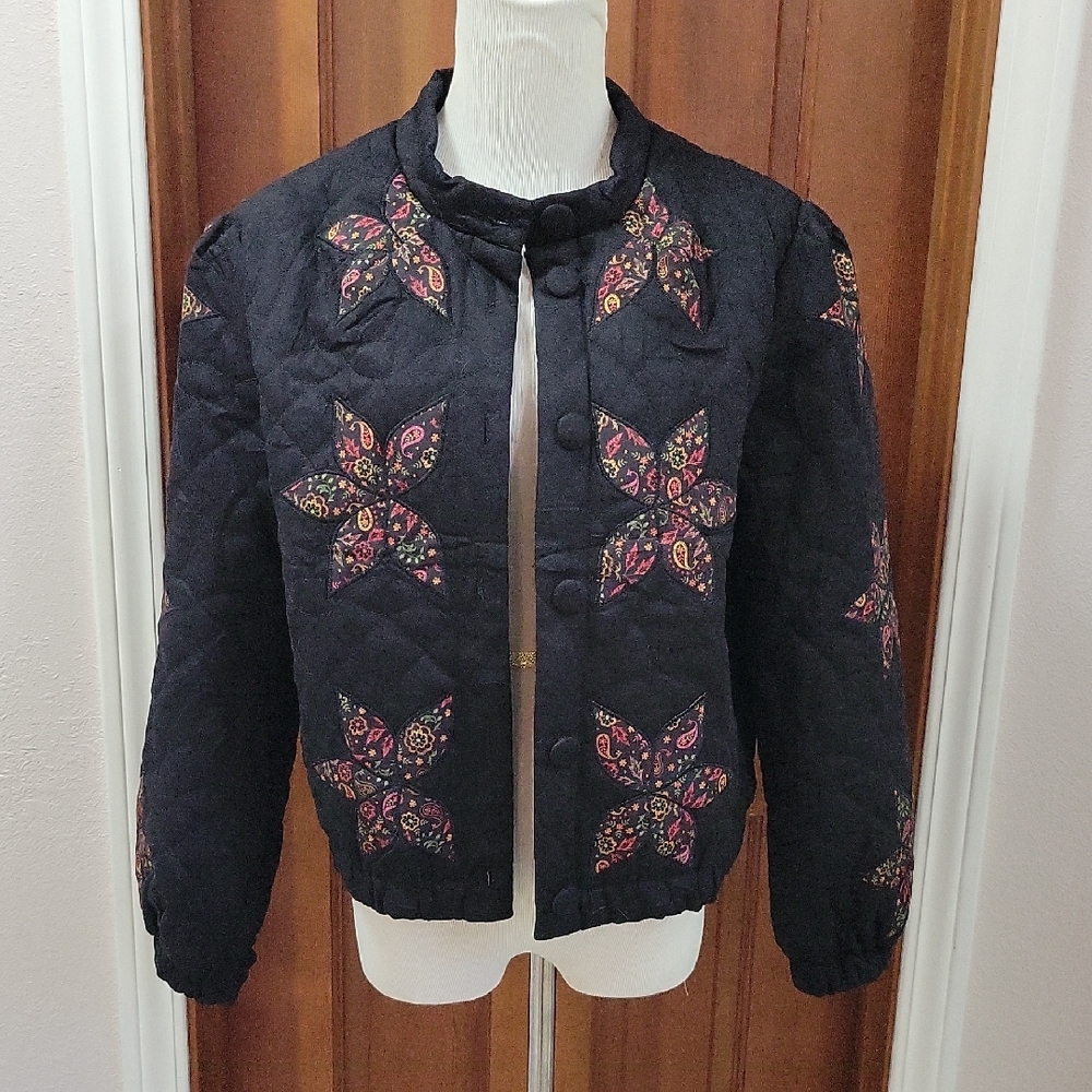 Black Quilted Jacket with Pink Floral Star Appliqués. NWOT